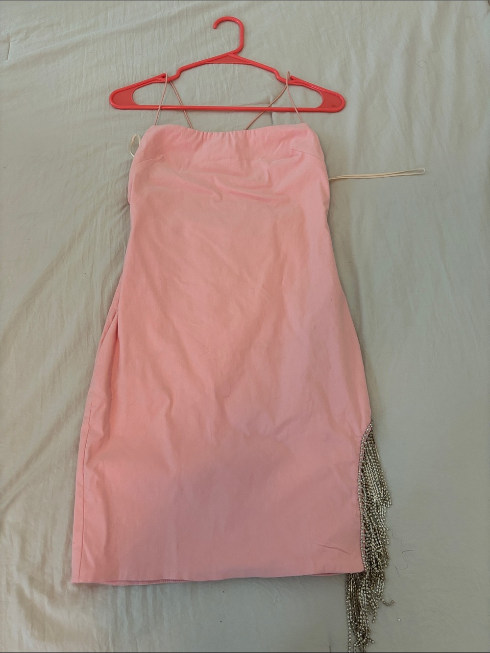 Fashion Nova Light Pink Strapless Mini Dress with Beaded Fringe